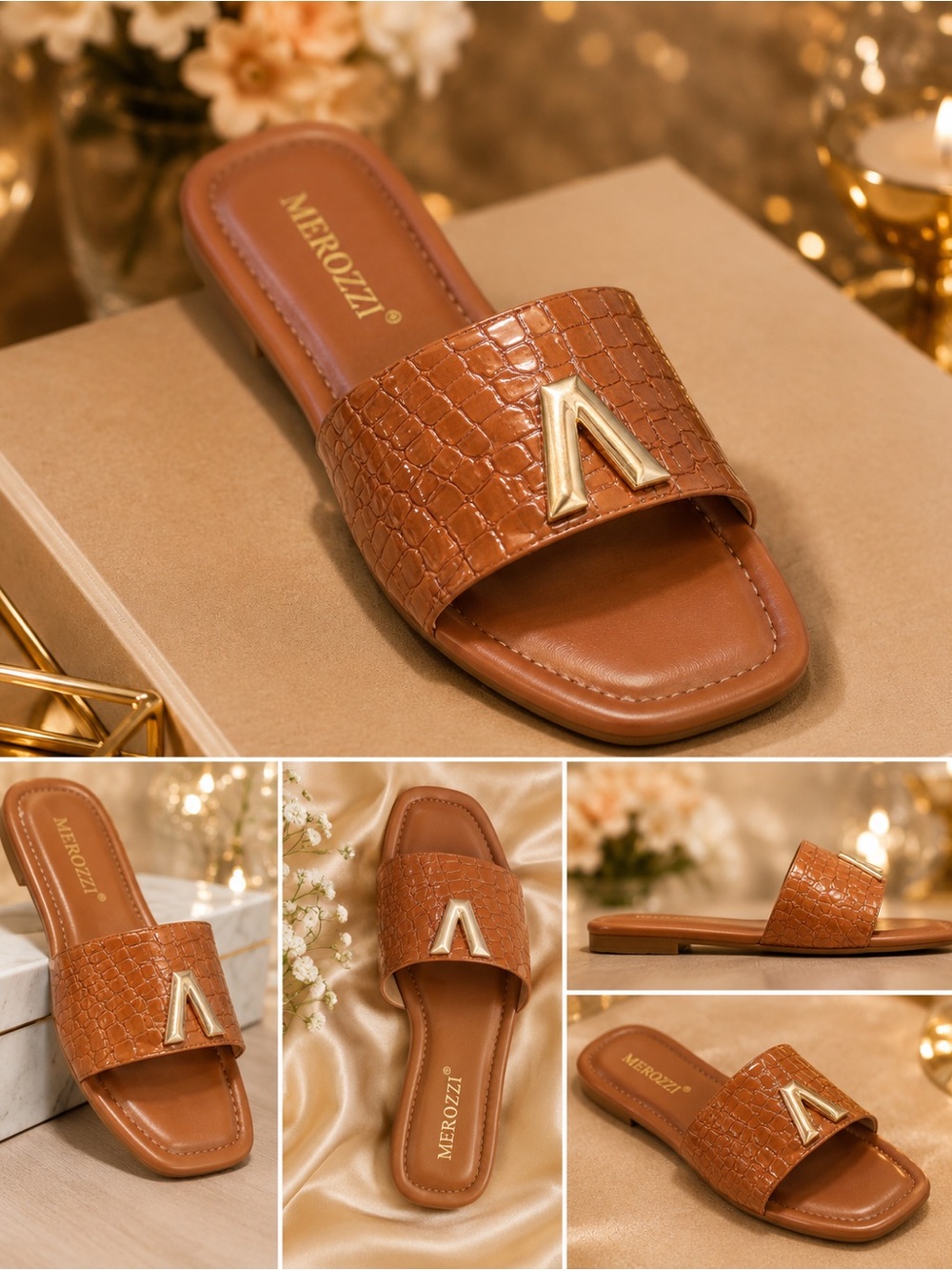 Merozzi Croc-Texture Slide Sandal in Cognac